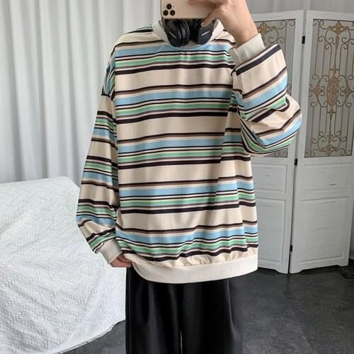Hong Kong Style Striped Sweatshirt Harajuku Style Long-sleeved Bottoming Shirt Men Ins Casual Top Round Neck Pullover