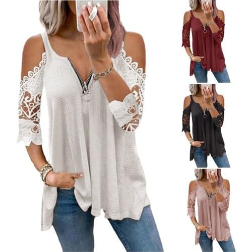 Plus Size Woman Girls Lace Off Shoulder V-Neck Zipper Solid Color Loose T-shirt Tee Summer Clothes