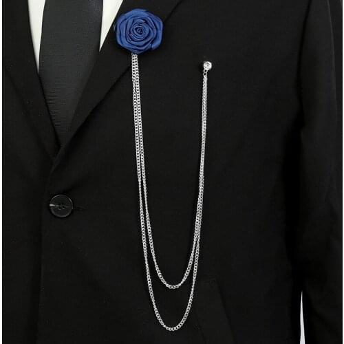 Luxulry Fabric Rose Flower Brooch Rhinestone Crystal Long Chain Tassel Lapel Pins Mens Suit Badge Jewelry Accessories Best Gift