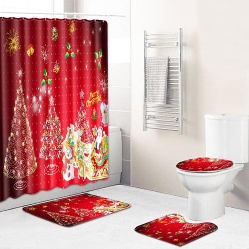 Merry Christmas Bathroom Shower Curtain Waterproof Toilet Seat Cover 4Pcs Set Water Absorption Doormats Non-Slip Home Rugs Mat