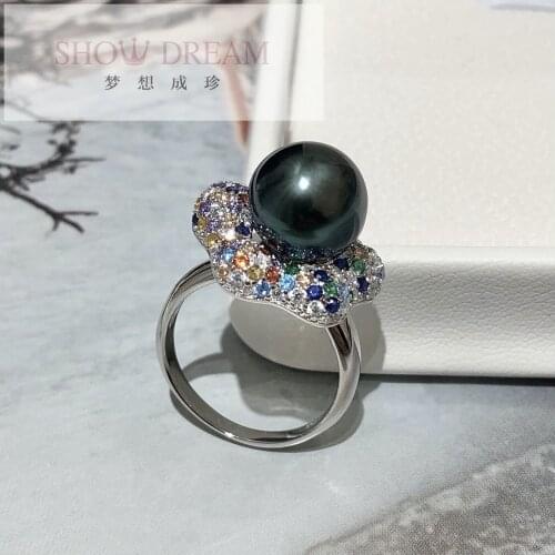 SHOWDREAM Trendy S925 Silver Zircon Rings atural Seawater Pearl Ring for Women Tahiti Black Pearl Open Adjustable Ring