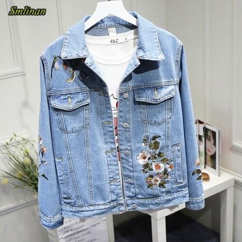 Smlinan Spring Embroidery Floral Vintage Denim Jacket Women Plus Size Short Outerwear Autumn Harajuku Casual Jacket Jeans Coat