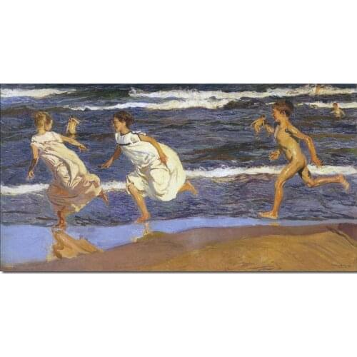 Modern Impressionist Painting Children On The Beach Running Along Joaquin Sorolla y Bastida Canvas Art Handmade Wall Decorative