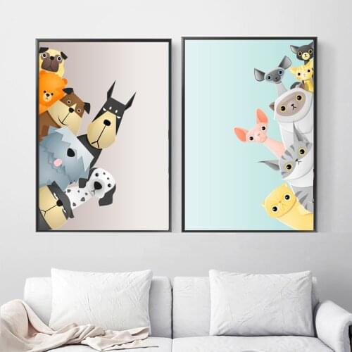 SPLSPL Cute Cartoon Animals Posters and Prints Cat Dog Observe Nordic Canvas Painting Wall Art Pictures For Kids Bedroom Decor