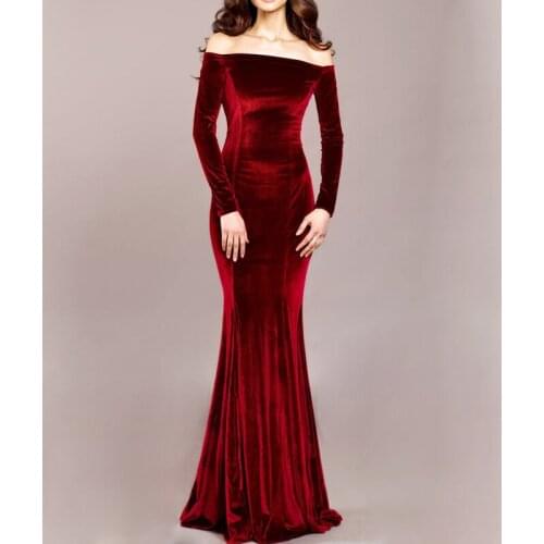 Bewitching Burgundy Vintage Floor-Length Full Sleeves Velour Open Shoulders Formal Prom Dresses Gowns with Sweep Train