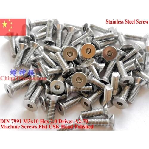 DIN 7991 Stainless Steel screws M3x10 Flat Head Hex Driver A2-70 Polished ROHS 100 pcs