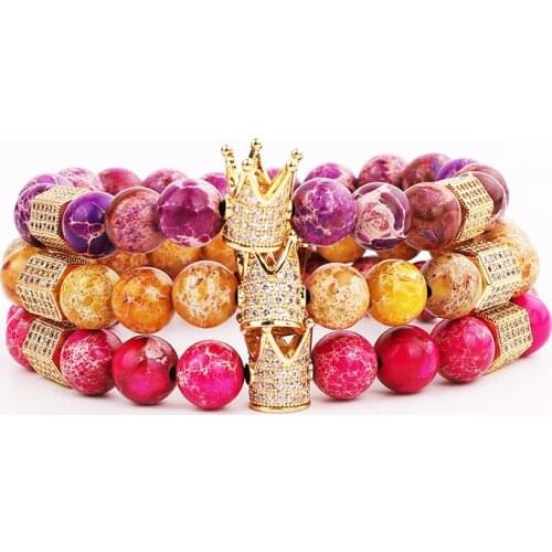 High Quality Women Jewelry Bracelet CZ Micro Pave Crown Charm Beaded Bracelet Imperial Stone Elastic Bracelet Women