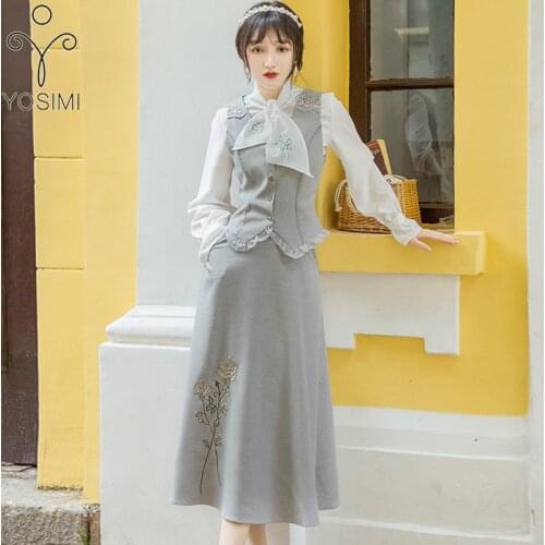 YOSIMI 2021 Winter Floral Embroidery 3Piece Women Outfits Full Sleeve White Blouse and Woolen Skirt and Vest Female 3 Pieces Set