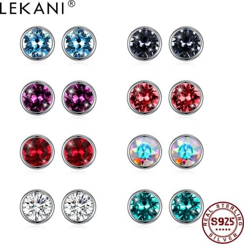 LEKANI S925 Sterling Silver Stud Earrings For Women 8 Colors Round Shinning Austria Crystal Earrings Female Festival Gifts New