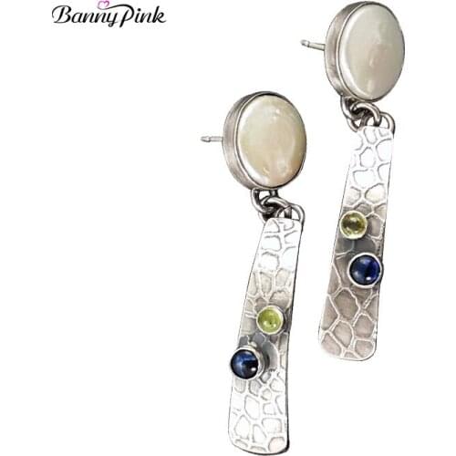 Tibetan Hammer Strip Stone Pendant Stud Earrings For Women Bohemia Pearl Geometric Statement Earrings Pendientes