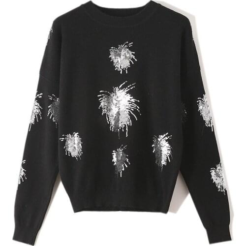 YSMILE Y Women Fashion New Design Sweater Ins Style Sequined Fireworks Embroidered Tops Black White Pullovers Sweater For Female