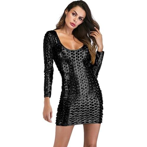 Women Fashion Dress Gold Black Silver Metallic Long Sleeve O Neck Bodycon Hot Exotic Vinyl Leather Hollow Out Club Mini Dresses