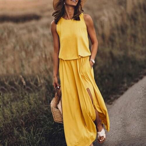 Women Sexy Yellow Solid O-Neck Maxi Dress female Fork Opening Long Dress Belt Ladies sexy polka split dress vestido boho Casual