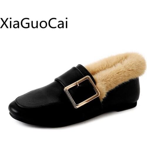 Winter Leather Black Women Loafers Fabric Winter Flat Sneakers Slip-on Casual Sneakers Female Flat Casual Shoes for Winter