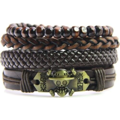 New Fashion Accessory Skull Bead Leather Bracelets & Bangles for Women 4 pcs 1 Set Multilayer Wristband Bracelet Men pulseira