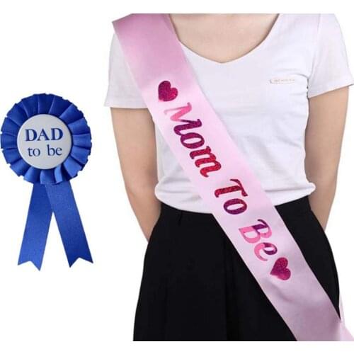 Baby Shower Party Shine Mom To Be Sash With Heart Dad To Be Tinplate Badge Light Pink Blue Diy Decorations 100pcs/lot