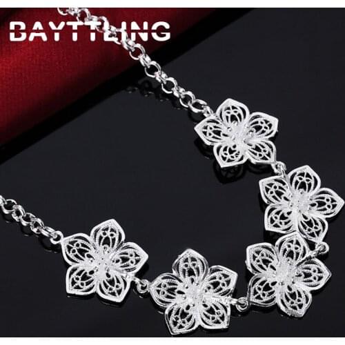 BAYTTLING 925 Sterling Silver 18 Inch Carved 5 Flower Pendant Necklace For Woman Fashion Wedding Charm Jewelry Gift