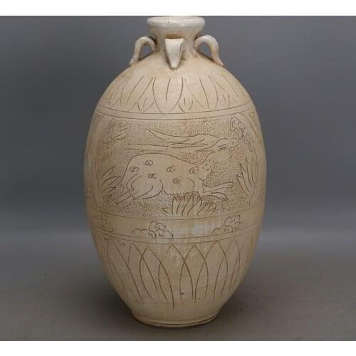 Antique SongDynasty porcelain vase,Cizhou kiln hand-carved deer bottle,Hand-painted crafts,Collection&Adornment,Free shipping