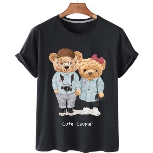 100% Cotton Couple Bear Print Short-sleeved T-shirt Female Half-sleeved Summer Casual 1 Couple Oversized T-shirt Ladies Shirt