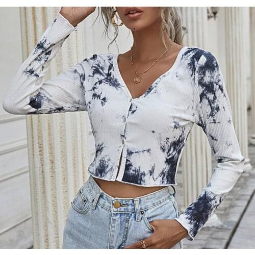 Womens Fashion Rib Knitted Crop Tops Long Sleeve V Neck Tie Dye Print Button Down Cardigan T-Shirts Streetwear