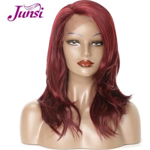 JUNSI Short Wine Red Lace Front Natural Wave Wigs for Women Heat Resistant Synthetic Wig
