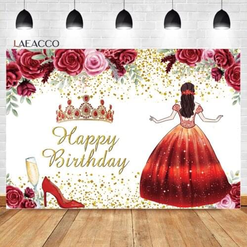 Laeacco Princess Happy Birthday Background Red Watercolor Flower Crown High Heels Girl Customized Portrait Photography Backdrops