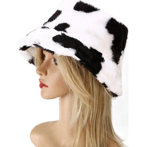 Autumn and winter new cow pattern fisherman hat printing fashion plush thick warm bucket hat