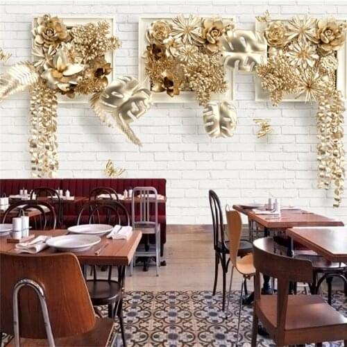 Custom wallpaper golden embossed leaves 3d stereo picture frame brick wall background wall living room bedroom restaurant Обои