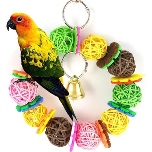 Colorful Parrot Toy Vine Rattan Ball Ring Bird Parakeet Hanging Pet Cage Decor Ring With Bell Colorful Woven Shape