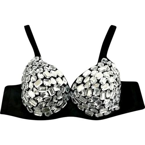 Sexy Bra Rhinestone Applique Womens Fashion Crystal Sexy New Punk Lady Goth Silver Party Studded Bra Female Dancing Bikinis