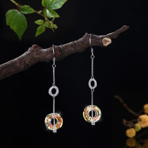 Earrings 925 Sterling Silver Jewelry Round Dangle Earrings Sparkling Crystal Drop Earrings for Women Fashion Silver 925 Jewelry