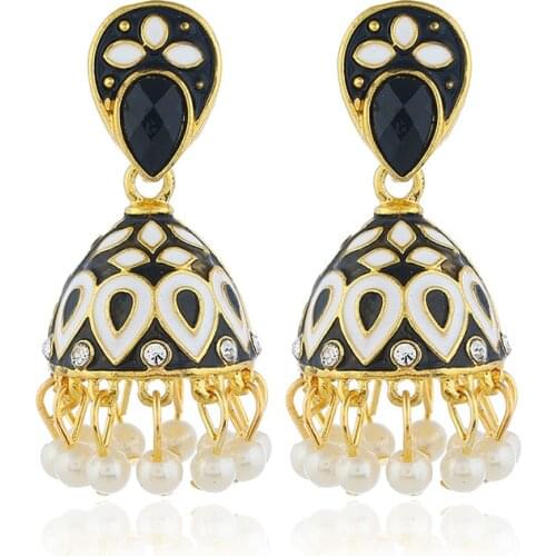 Fashion Bohemian Statement Pearl Beads Indian Drop Earrings Gold Enamel Jhumka Earring Jewelry Bijoux Bridal Wedding Party Gift