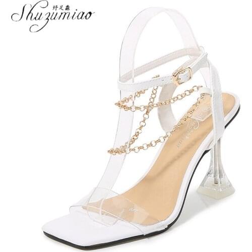 SHUZUMIAO Light Luxury Women Pumps 2021 Transparent High Heels Sexy Metal Chain Party Brand Fashion Shoes For Lady Large Size 45