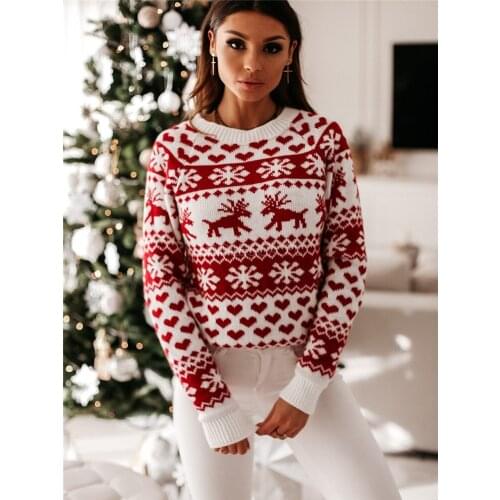 New Winter Christmas Women Sweaters Tops Casual Long Sleeve Elk Snowflake Print Knitted Pullover Warm Jumpers Female Clothes