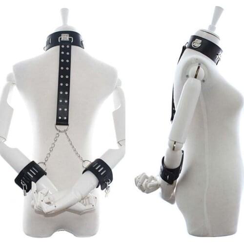 Adult SM PU Leather Neck to Arm Restraint System Choker Collar with Chained Wrist Cuffs Bondage Gear Sex Products