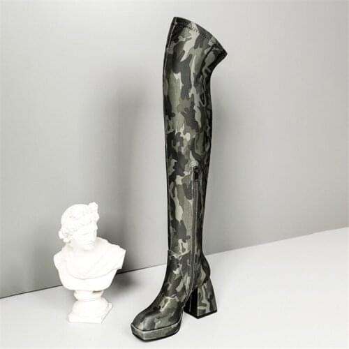 PXELENA Unique Women Camouflage Stretch Thigh High Boots Plus Size 34-43 Chunky Block Heel Over The Knee Boots Autumn 2020 Shoes