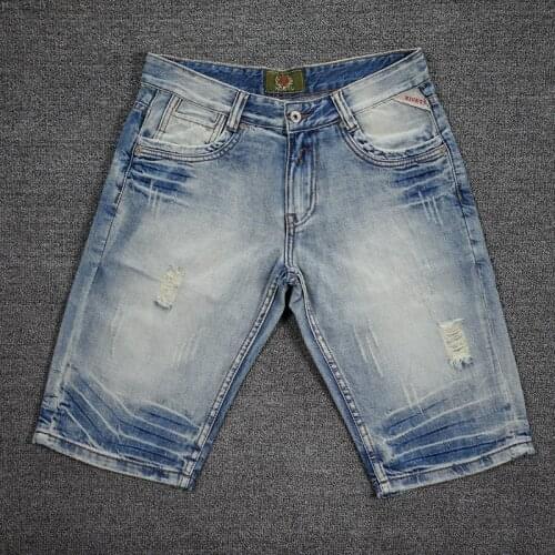 European American Fashion Summer Men Jeans Retro Light Blue Distressed Wash Short Ripped Jeans Men Vintage Designer Denim Shorts