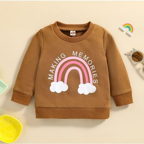 Spring Fall Infant Casual Sweatshirt Girls Rainbow Letter Print Long Sleeve Round Neck Pullover Sweet Cute Tops Brown