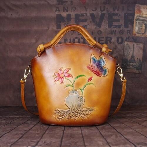 Chinese Wind Restoring Ancient Ways Embossed Handmade High Quality Womens Bags Large Capacity Cowhide Shoulder Bags
