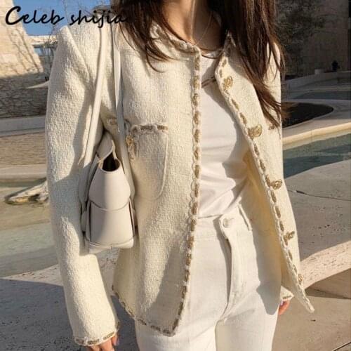 Elegant Long-sleeved Tweed Jacket Woman Golden Button Autumn Round Neck Vintage Crop Coat Ladies Single Breasted Runway Clothes