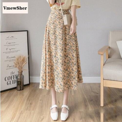 VmewSher New Vintage Spring Summer Women Skirt High Waist Floral Female Casual Chiffon Skirts Flower Print Mid-calf Long Vestido