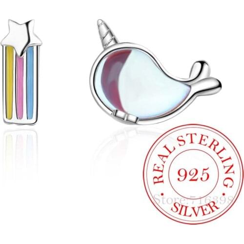 925 Sterling Silver Asymmetric Rainbow Unicorn Stud Earrings For Women Kids Wedding Gift Female pendientes