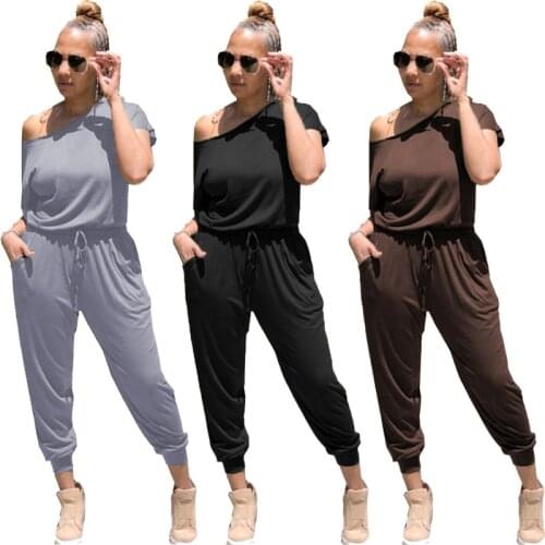 Women Summer Solid Color Jumpsuits Drawstring Design Pockets Decor Inclined Collar Short Sleeve Mid Waist Casual Loose Jumpsuits