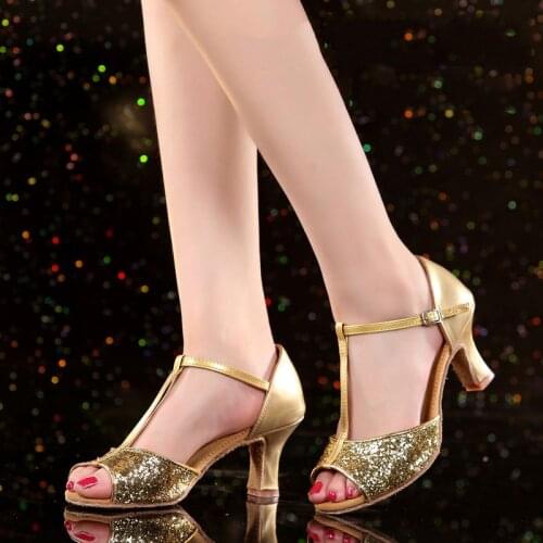 Modern tango dance shoes girls womens ballroom salsa latin dance shoes woman 5/7cm high heels T-strap indoor dance shoes bling