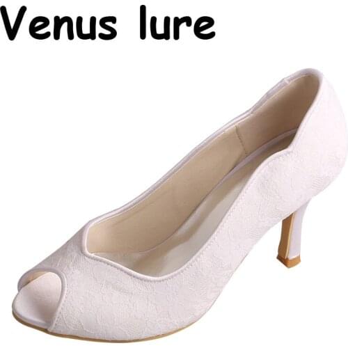 Venus lure Plain White Women High Heel Shoes Peep Toe Lace Pumps Size 5