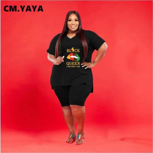 CM.YAYA Women Set Loose Print Letter Lip Short Sleeve V-neck T-shirts Knee-length Pants Plus Size 2 Piece Sets Summer Outfits
