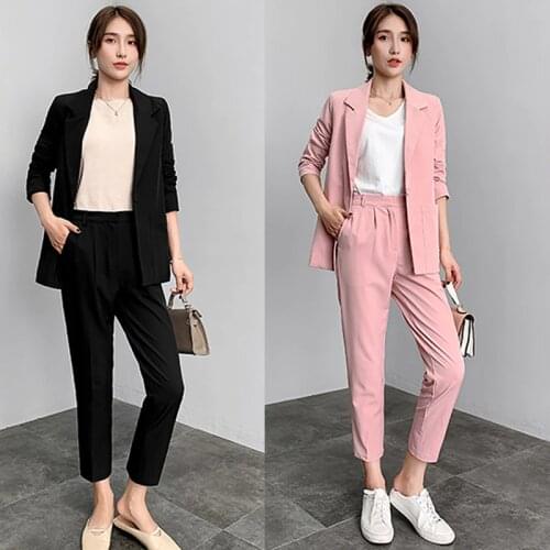 Womens 2 sets of pink suit pants suit womens fashion spring and autumn new temperament Slim suit jacket OL professional dress