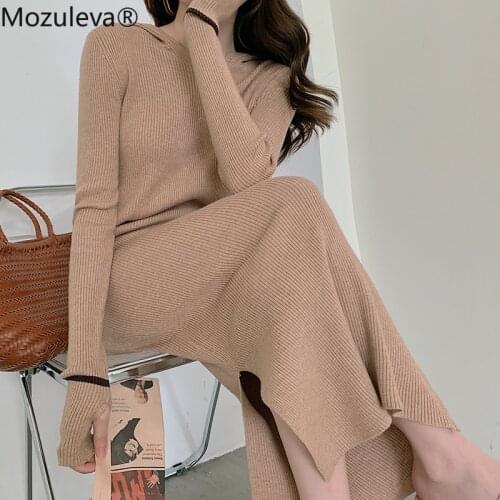 Mozuleva New Autumn Hooded Side Split Female Knitted Dress Stretched Sweater Women Dress Casual Ladies Pullovers Vestidos 2021