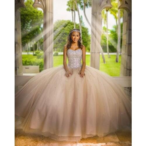 Champagne Tulle Quinceanera Dresses with Silver Beaded Sequins Sweetheart Bride Party Formal Dress A Line Vestidos De 15 años