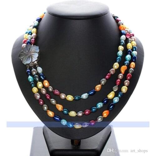 3Rows 6-7mm Black Pearl & Pink Jades Pendant Necklace>>> free shipping